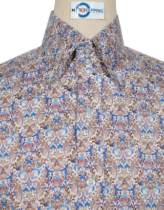 Double Collar Shirt - 60s Style Brown and Blue Floral Shirt