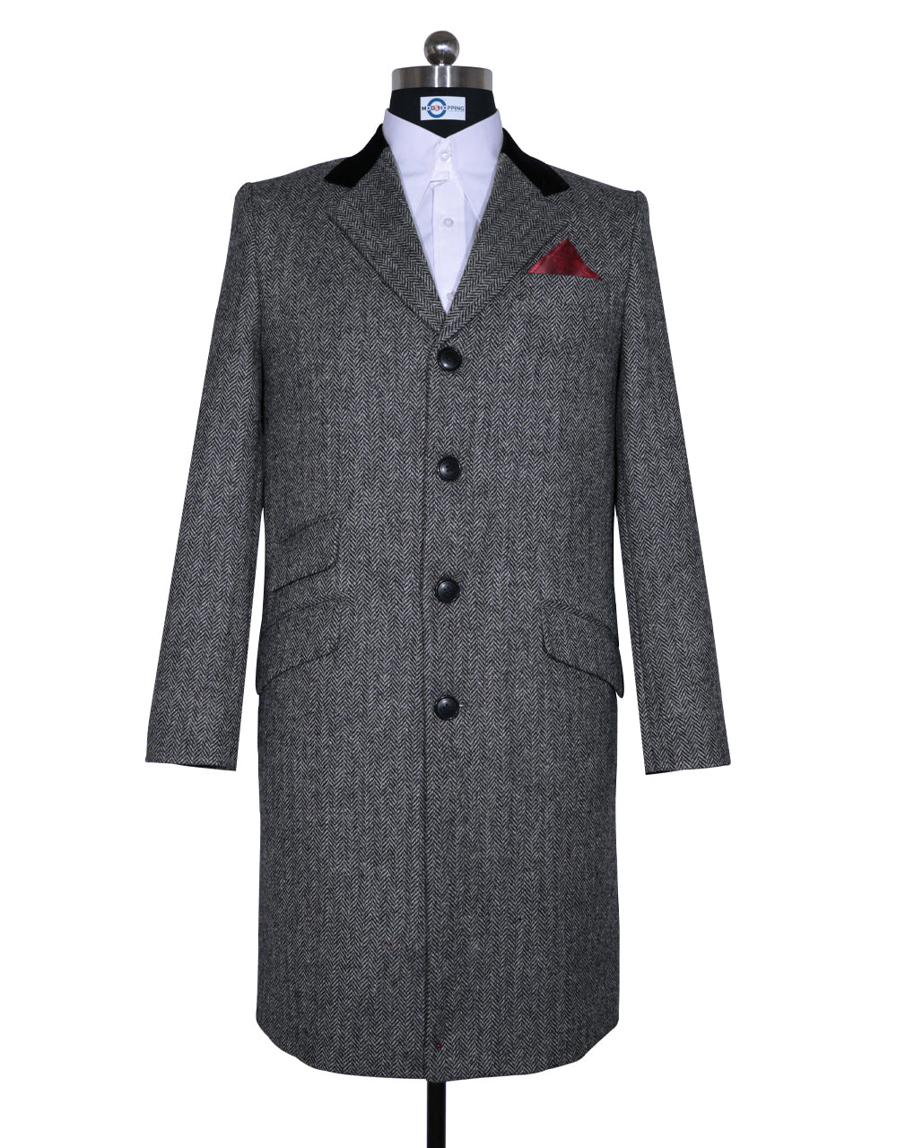 Full Length Tweed Herringbone Ankle length Gray Overcoat - Mens Topcoat main image 1