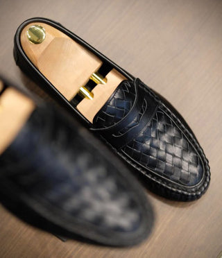 Leather Shoe Penny Loafers Black Woven Loafer