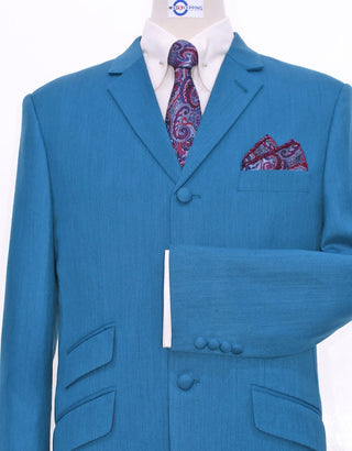 Deep Sky Blue Herringbone 3 Piece Suit - Modshopping Clothing