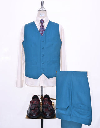 Deep Sky Blue Herringbone 3 Piece Suit - Modshopping Clothing