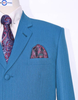 Deep Sky Blue Herringbone 3 Piece Suit - Modshopping Clothing