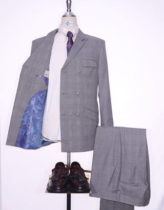 Grey Prince Of Wales Check Double Breasted Suit - Modshopping Clothing