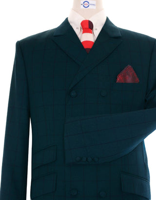 Dark Sea Green Windowpane Check Double Breasted Suit - Modshopping Clothing