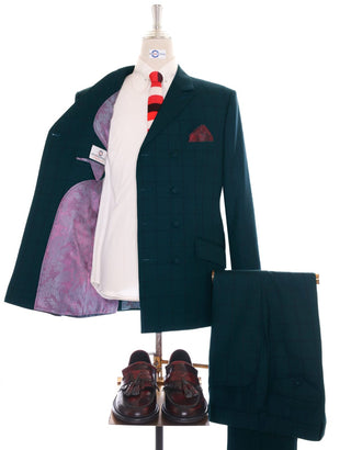 Dark Sea Green Windowpane Check Double Breasted Suit - Modshopping Clothing