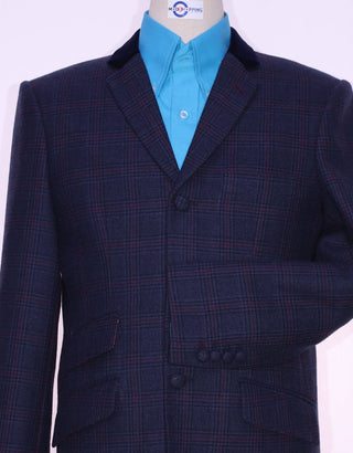 Navy Blue Prince Of Wales Check Tweed Jacket - Modshopping Clothing