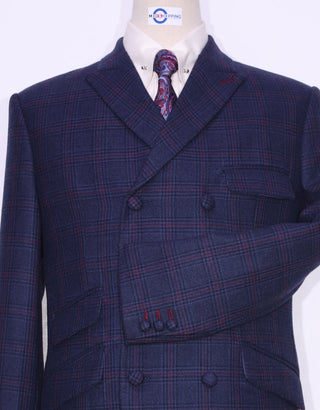 Navy Blue Prince Of Wales Check Double Breasted Jacket - Modshopping Clothing