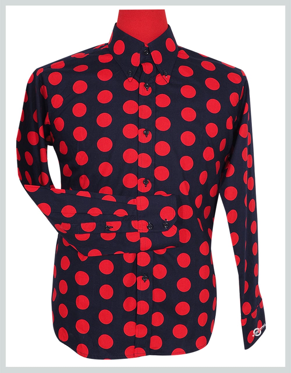 navy blue and red shirt