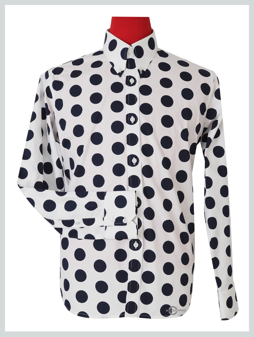 navy blue shirt with white polka dots