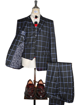 3 Piece Suit - Black and Blue Windowpane Check Suit