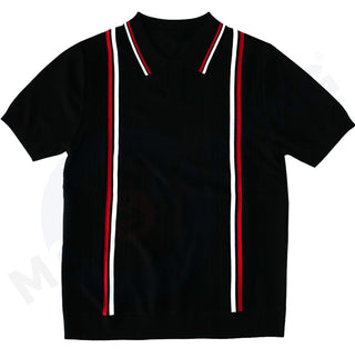 Knitwear -  Black and White Stripe Tipped Colalr Shirt