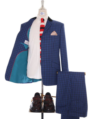 Blue Gingham Check Suit Jacket size 40R Trouser size 34 Inside leg 32
