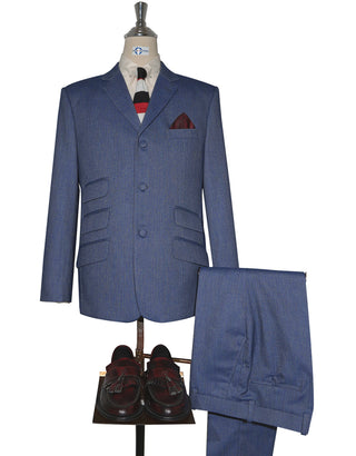 Mod Suit - Blue Grey Herringbone Tweed Suit 2-3 Pockets