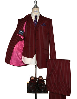 Burgundy and Light Grey Stripe 3 Piece Suit