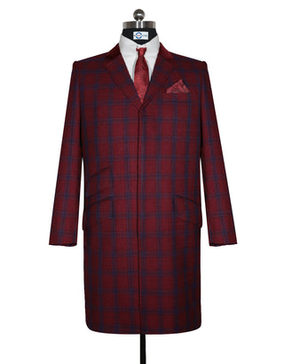 Men’s Winter Long Coat – Burgundy and Blue Prince of Wales Check