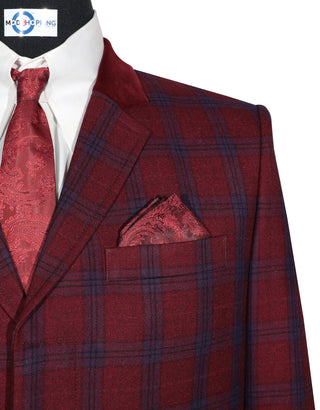 Men’s Winter Long Coat – Burgundy and Blue Prince of Wales Check