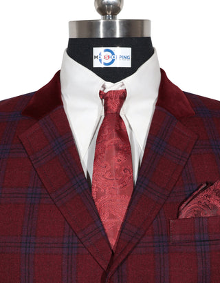 Men’s Winter Long Coat – Burgundy and Blue Prince of Wales Check