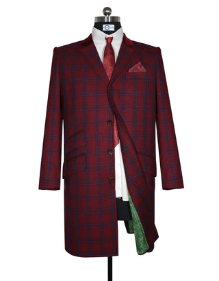 Men’s Winter Long Coat – Burgundy and Blue Prince of Wales Check