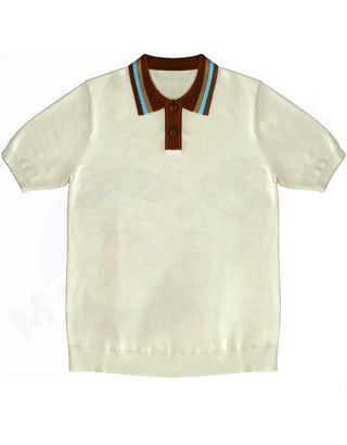 Knitwear - Cream  Stripe Tipped Collar Knitted Polo Shirt