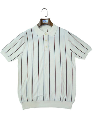 This Shirt Only - Cream Stripe Knitwear Tipped Collar Knitted Polo Shirt Size S
