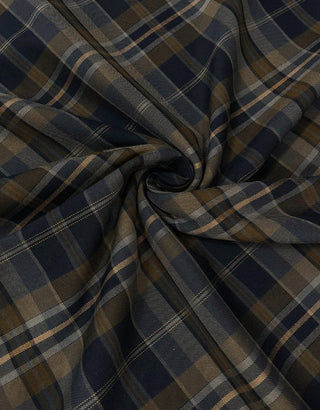 Dark Navy Blue, Brown & Grey Tartan Check Fabric