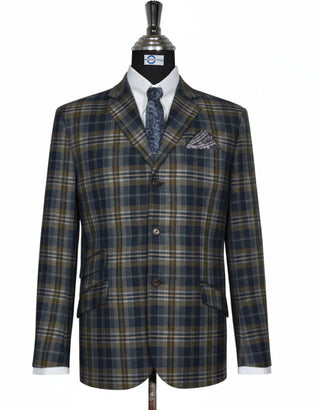 Dark Navy Blue Brown and Grey Tartan Check Jacket.