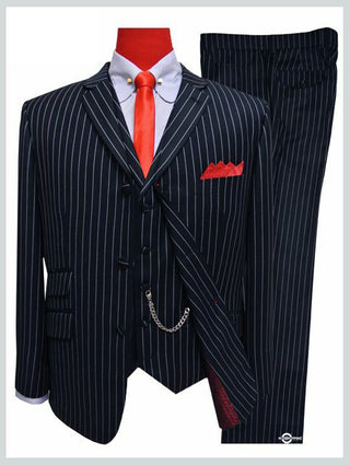 Dark Navy Blue and Grey Stripe 3 Piece Suit
