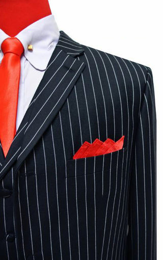 Dark Navy Blue and Grey Stripe 3 Piece Suit Chest