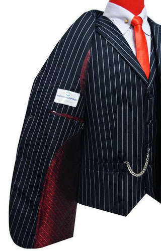 Dark Navy Blue and Grey Stripe 3 Piece Suit Lining