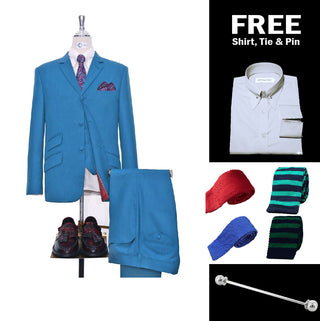 Deep Sky Blue Herringbone 3 Piece Suit Packet 