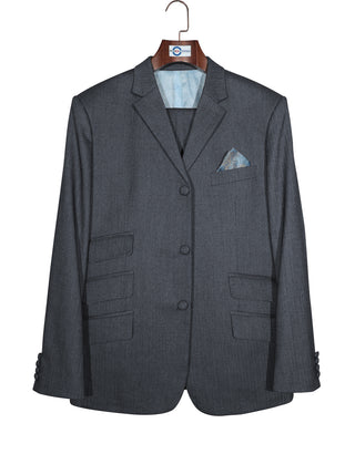 Mod Suit - Charcoal Grey Herringbone Tweed Suit 2-3 Pockets