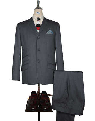 Mod Suit - Charcoal Grey Herringbone Tweed Suit 1-2 Pocket