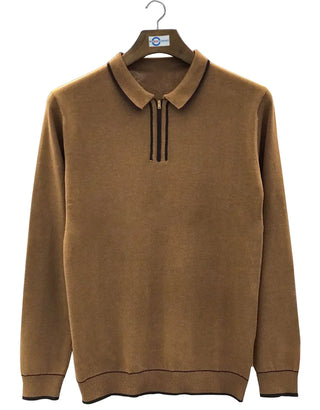 This Shirt Only - Brown Stripe Knitwear Tipped Collar Knitted Polo Shirt Size S