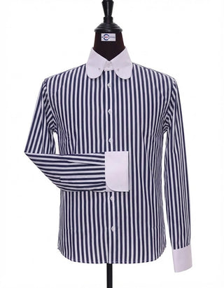 60s Mod Navy Blue & White Stripe Penny Pin Collar Shirt