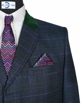 Men’s Long Winter Coat – Navy and Green Prince of Wales Check