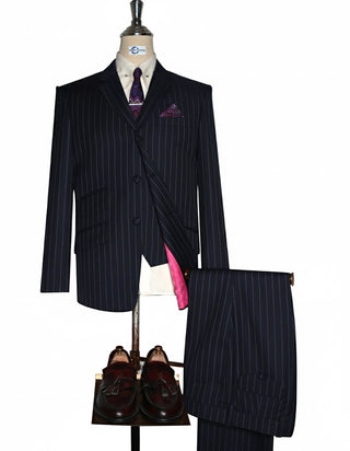 Dark Navy Blue and Light Grey Stripe 3 Piece Suit