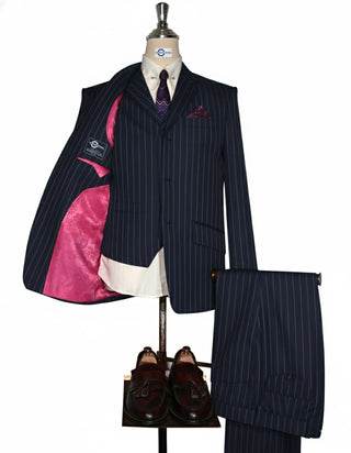 Dark Navy Blue and Light Grey Stripe 3 Piece Suit