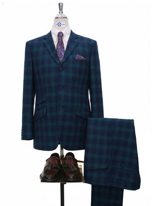 Navy Blue and Green Plaid Check Suit