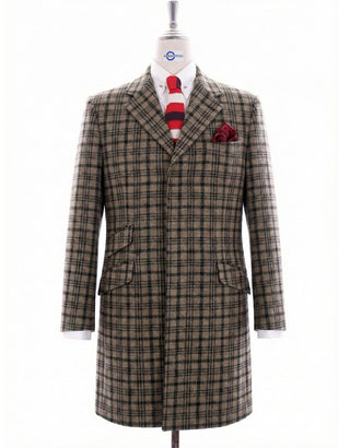 Men's Brown & Black Plaid Check Wool Overcoat - Classic Mod Style