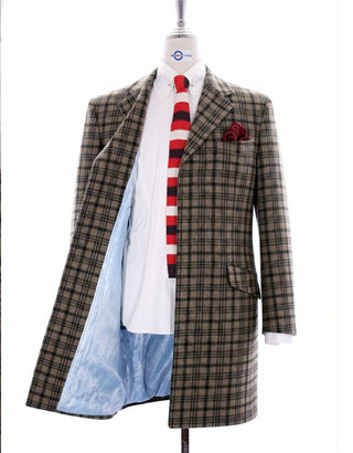 Men's Brown & Black Plaid Check Wool Overcoat - Classic Mod Style