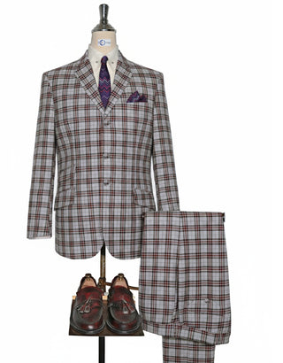 Men’s Light Grey, Black & Red Tartan Check Suit