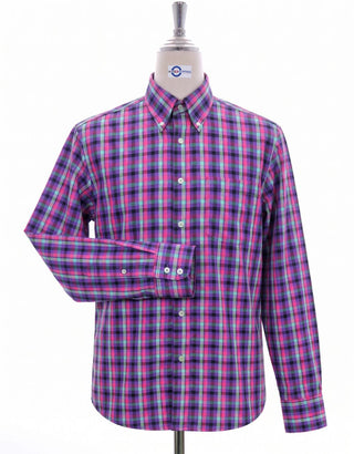 Purple, Magenta & Sky Blue Plaid Check Button Down Shirt