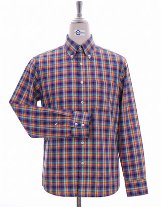 Purple, Orange & Sky Blue Plaid Check Button Down Shirt