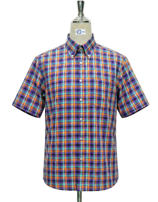 Purple, Orange and Sky Blue Plaid Check Short Sleeve Shirt 