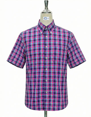 Purple, Magenta and Sky Blue Plaid Check Short Sleeve Shirt 