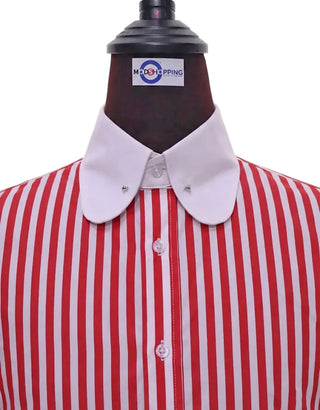 Red & White Stripe Penny Pin Collar Shirt