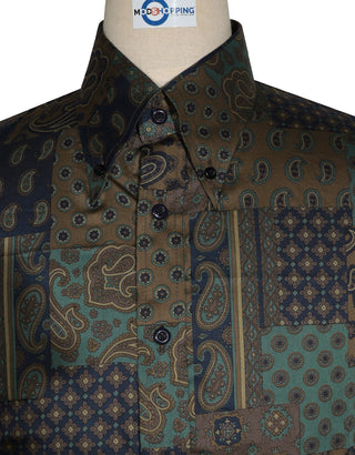 60s Style Brown, Olive Green and Navy Blue Paisley  Shirt