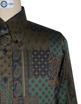 60s Style Brown, Olive Green and Navy Blue Paisley  Shirt