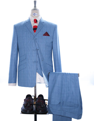 Sky Blue Prince of Wales Check 3 Piece Suit