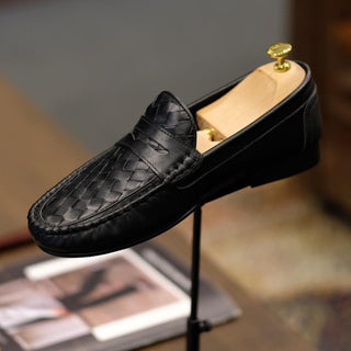 Leather Shoe Penny Loafers Black Woven Loafer